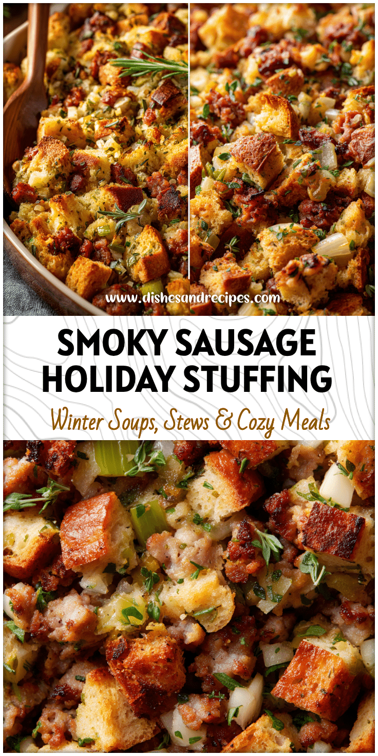 Close-up of smoked sausage stuffing with herbs and apple pieces for Thanksgiving dinner.